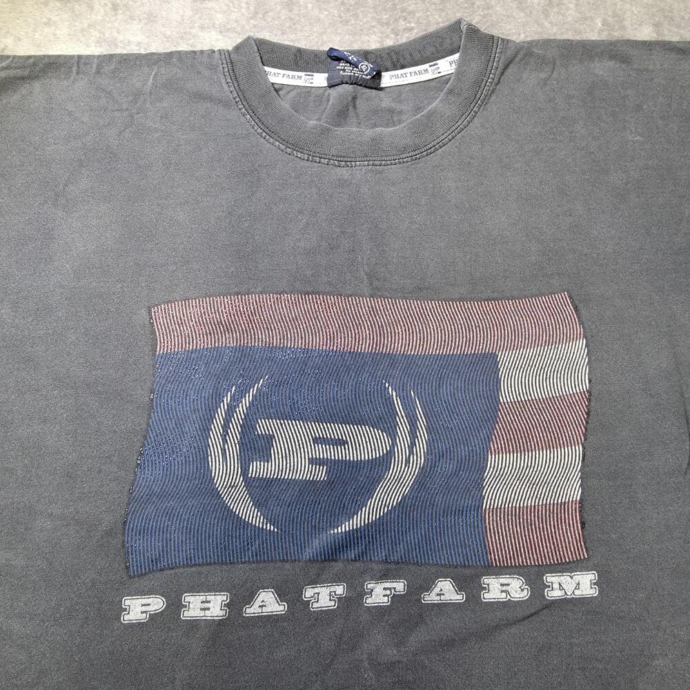 Vintage Phat Farm Shirt Mens XL Gray Flag Logo Graphic Tee Made USA Streetwear